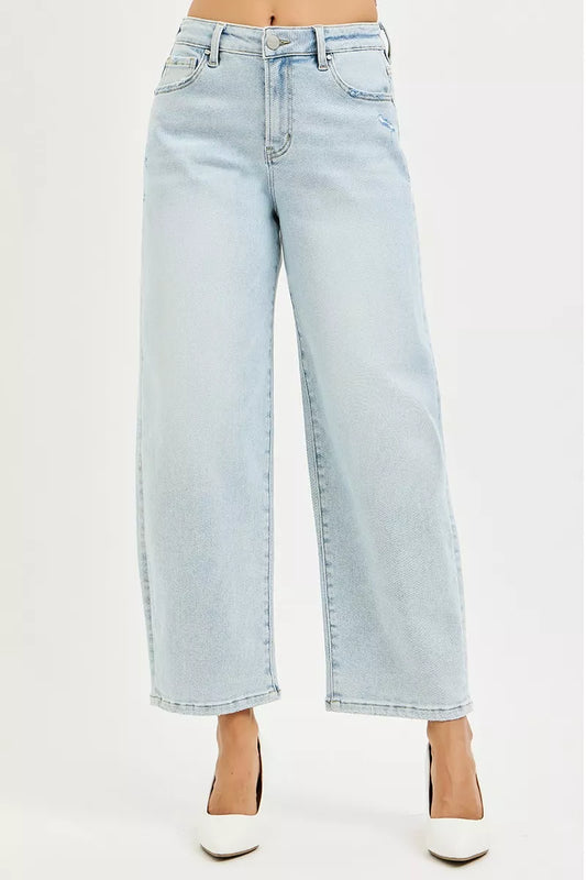 Front view of high-rise cropped barrel jeans in a clean wash