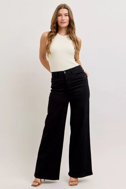Front view of high-waisted wide leg jeans in a classic wash