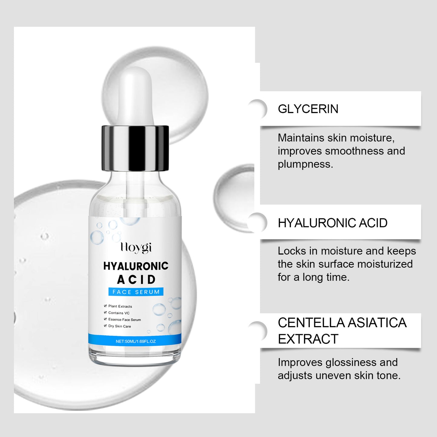 Close-up of the clear, premium hyaluronic acid serum showcasing its high-standard liquid clarity