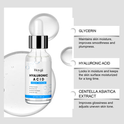 Close-up of the clear, premium hyaluronic acid serum showcasing its high-standard liquid clarity