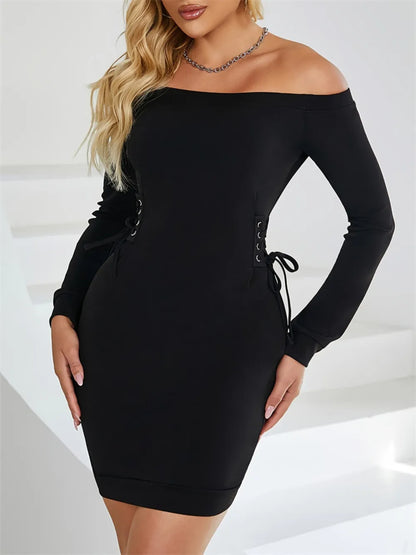 Model wearing Lace-Up Off Shoulder Long Sleeve Mini Dress styled for casual elegance