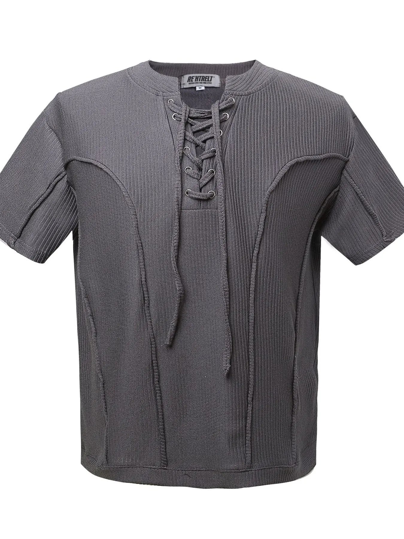 Front view of ribbed lace-up short sleeve T-shirt
