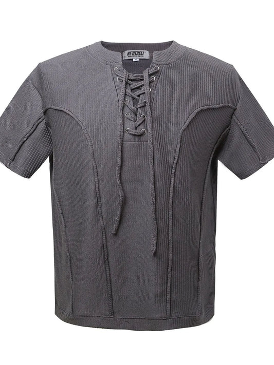Front view of ribbed lace-up short sleeve T-shirt