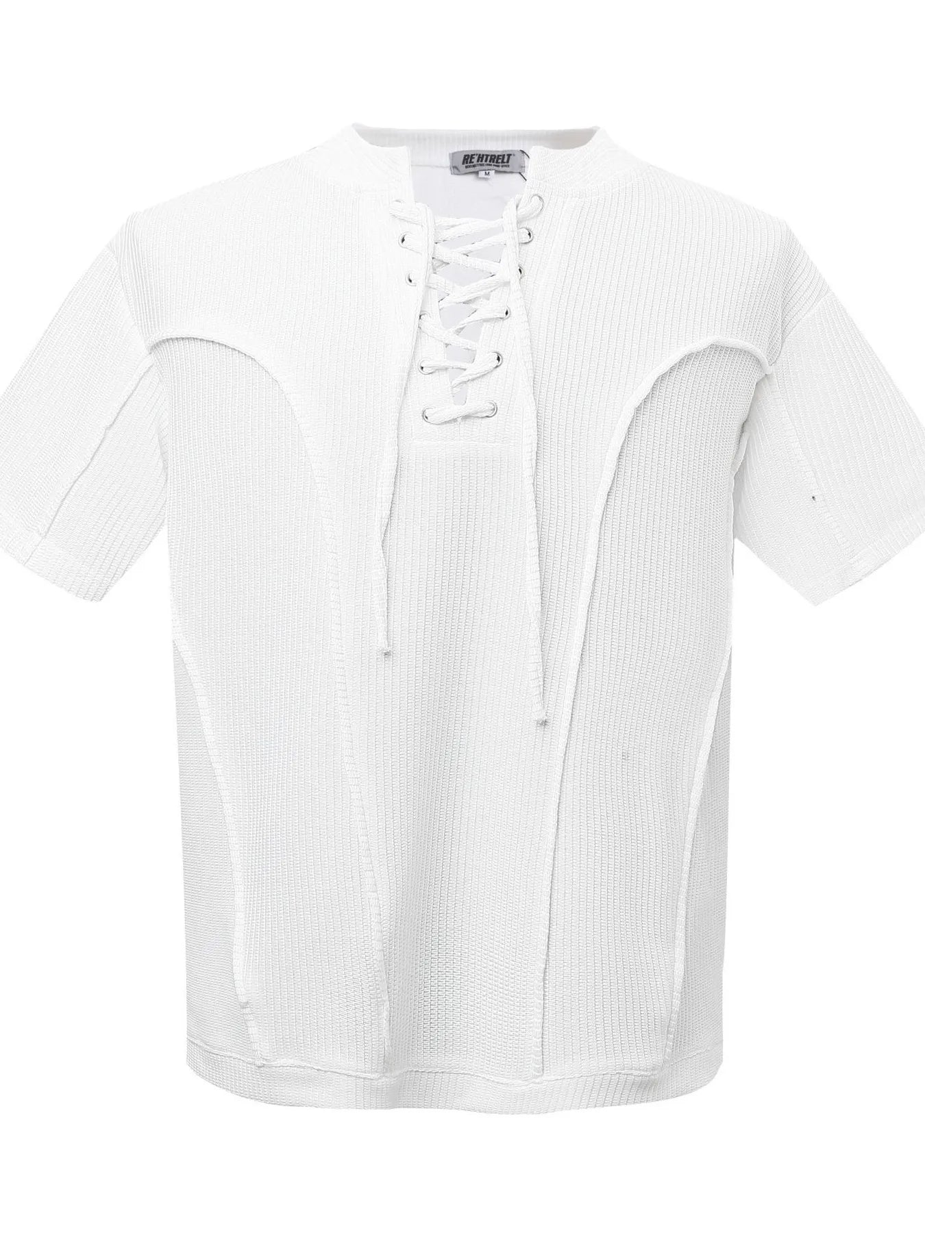Model wearing ribbed lace-up short sleeve T-shirt styled casually