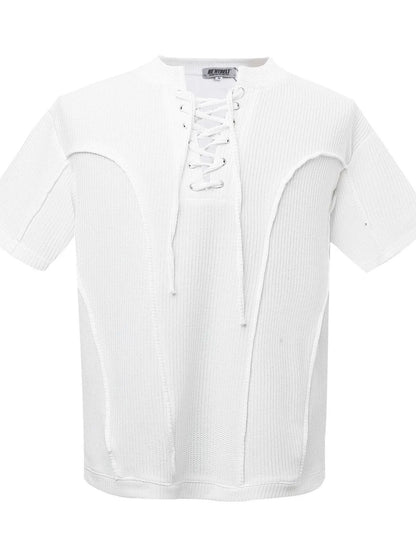 Model wearing ribbed lace-up short sleeve T-shirt styled casually