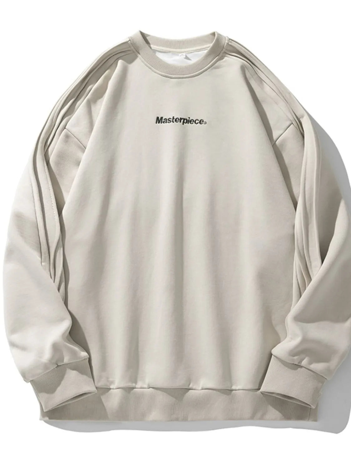 Model wearing graphic letter round neck sweatshirt styled casually