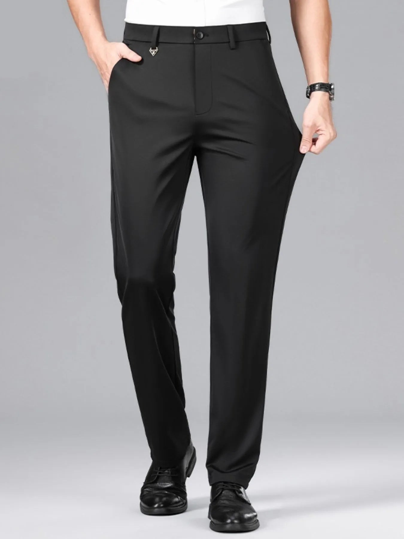 Model wearing lightweight breathable pants styled casually
