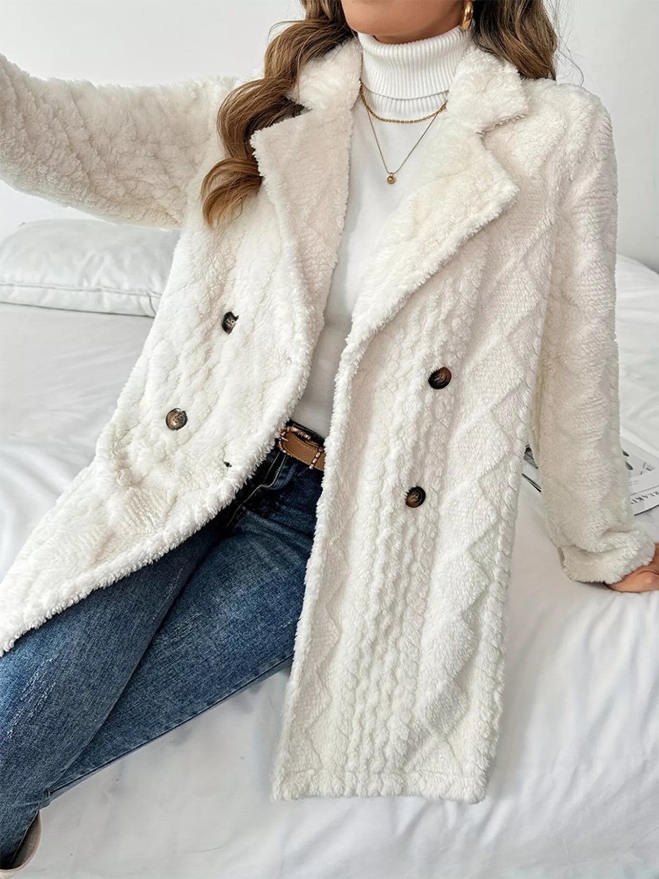 Front view of the grey double-breasted longline fleece coat