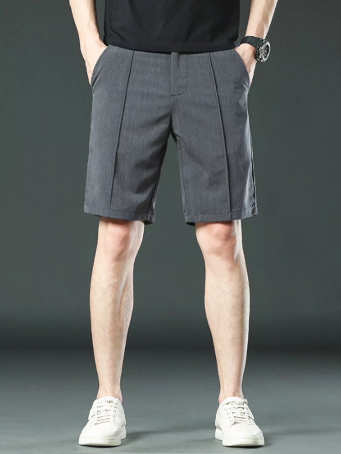 Front view of relaxed fit pocketed cotton blend shorts