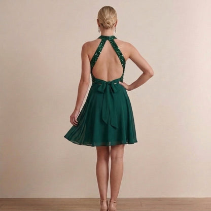 Back view of sleeveless halter dress showing refined fit and structure