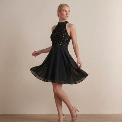 Close-up of delicate beading and smooth fabric texture on elegant dress