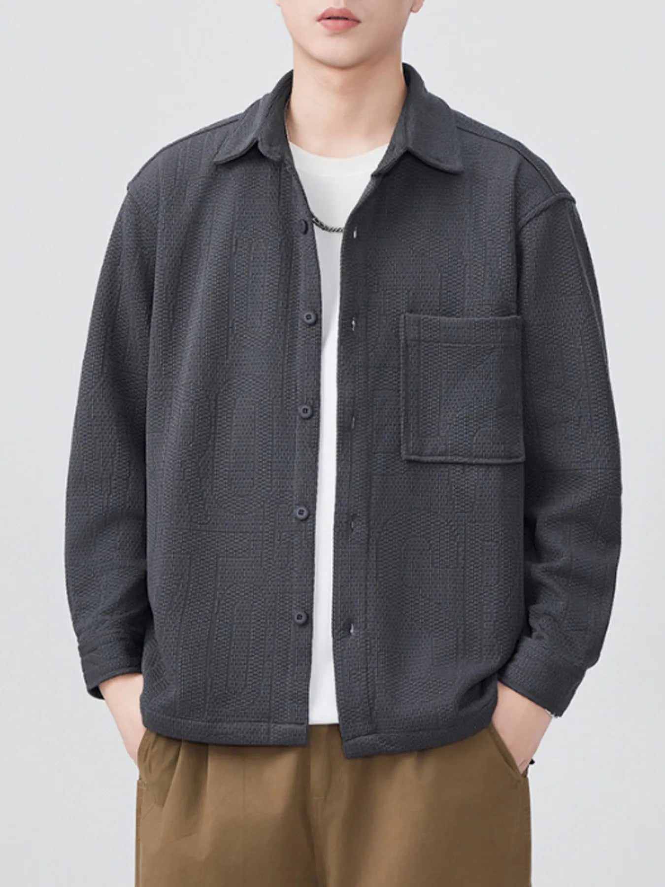 Man styling plus size button-up long sleeve shirt casual outfit