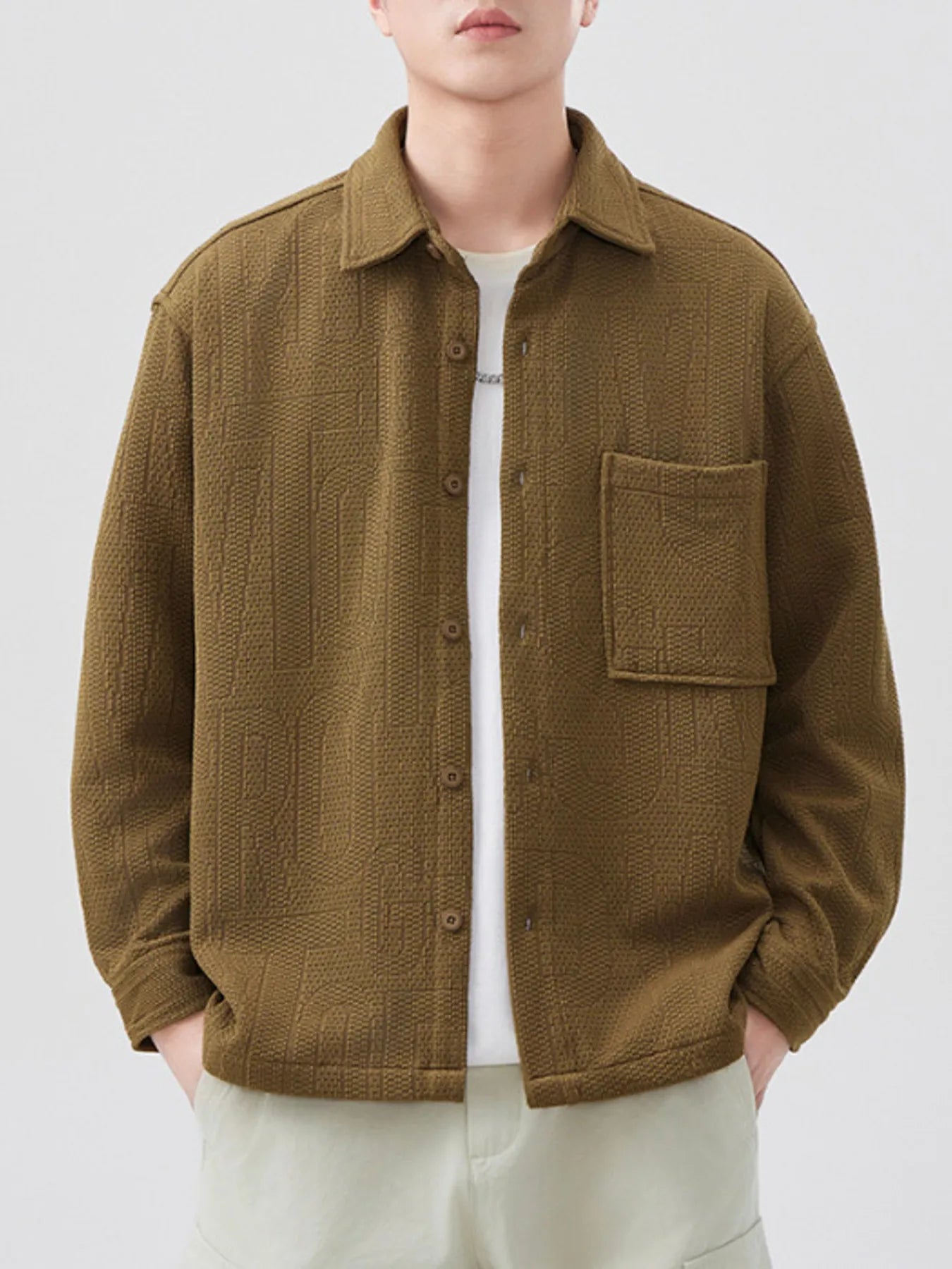 Front view of men’s plus size button-up long sleeve shirt