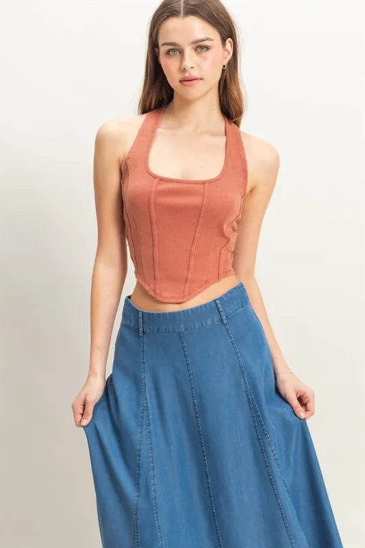 Front view of mineral wash halter neck top with ribbed texture