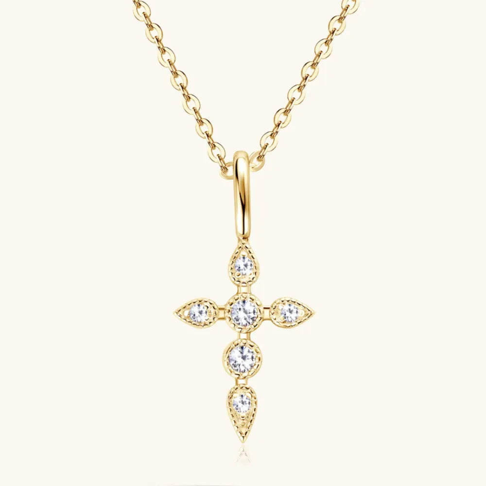 Front view of the 18K gold-plated 925 sterling silver cross with a brilliant moissanite center
