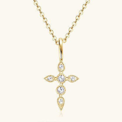 Front view of the 18K gold-plated 925 sterling silver cross with a brilliant moissanite center