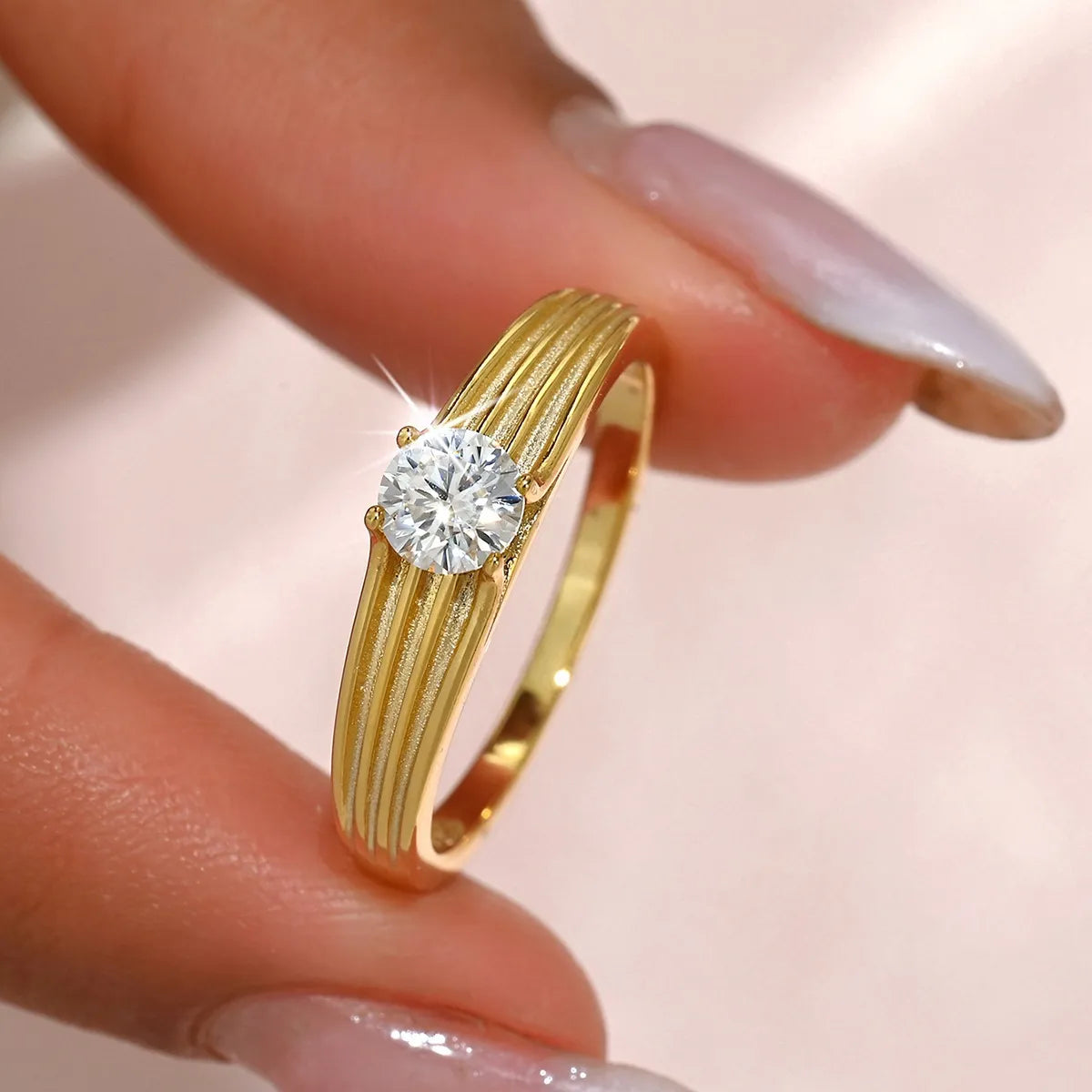 Model wearing the 0.5ct moissanite ring styled for a high-profile social event