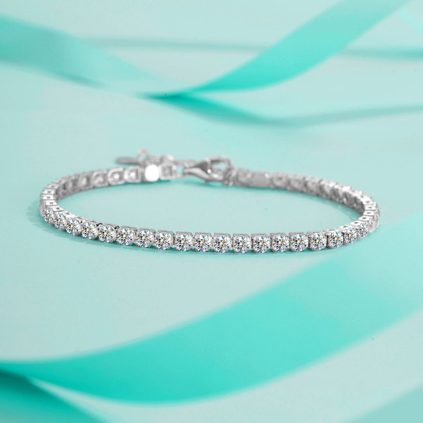 Close-up of the single-row moissanite tennis bracelet showcasing the brilliant stone clarity