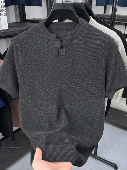 Model wearing ribbed notched collar button short sleeve T-shirt styled casually