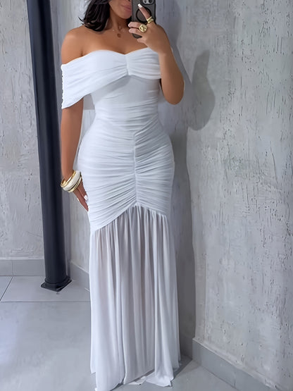 Front view of off-shoulder ruched bodycon maxi dress