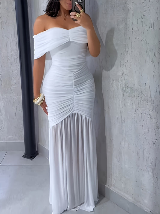 Front view of off-shoulder ruched bodycon maxi dress