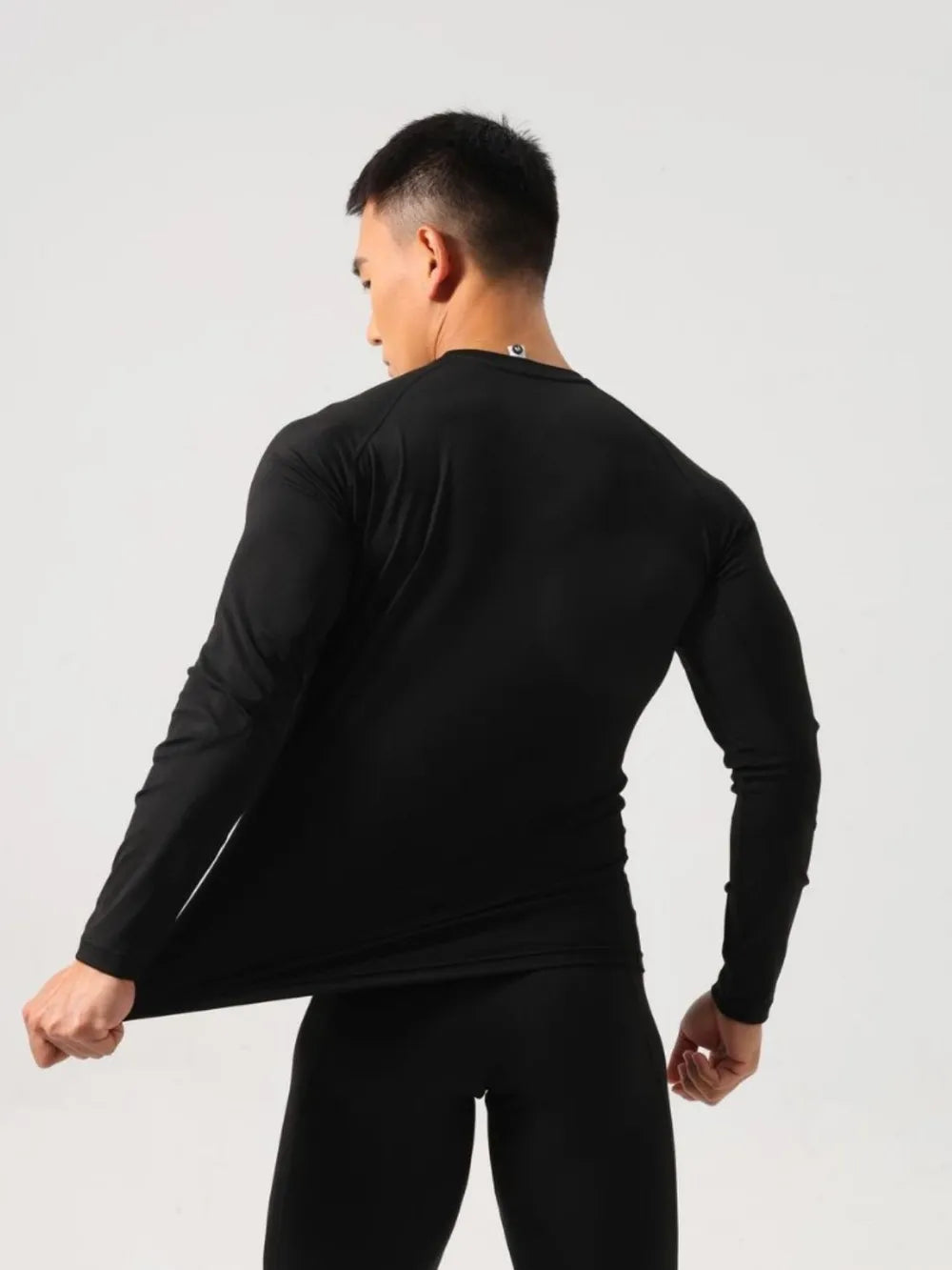 Front view of stretch performance round neck long sleeve T-shirt