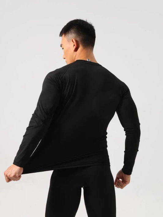 Front view of stretch performance round neck long sleeve T-shirt
