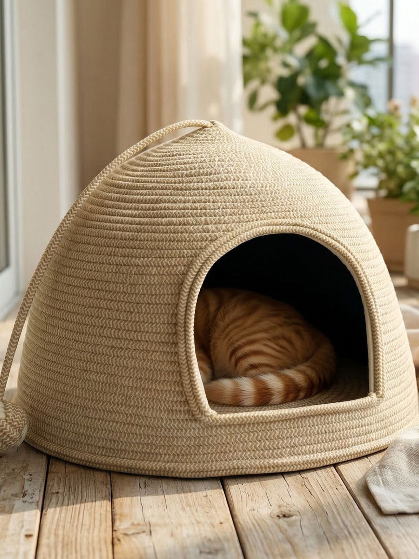 Cat resting inside rope dome pet nest