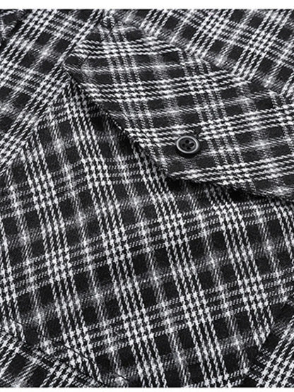 Close-up of plaid pattern and chest pocket on long sleeve shirt