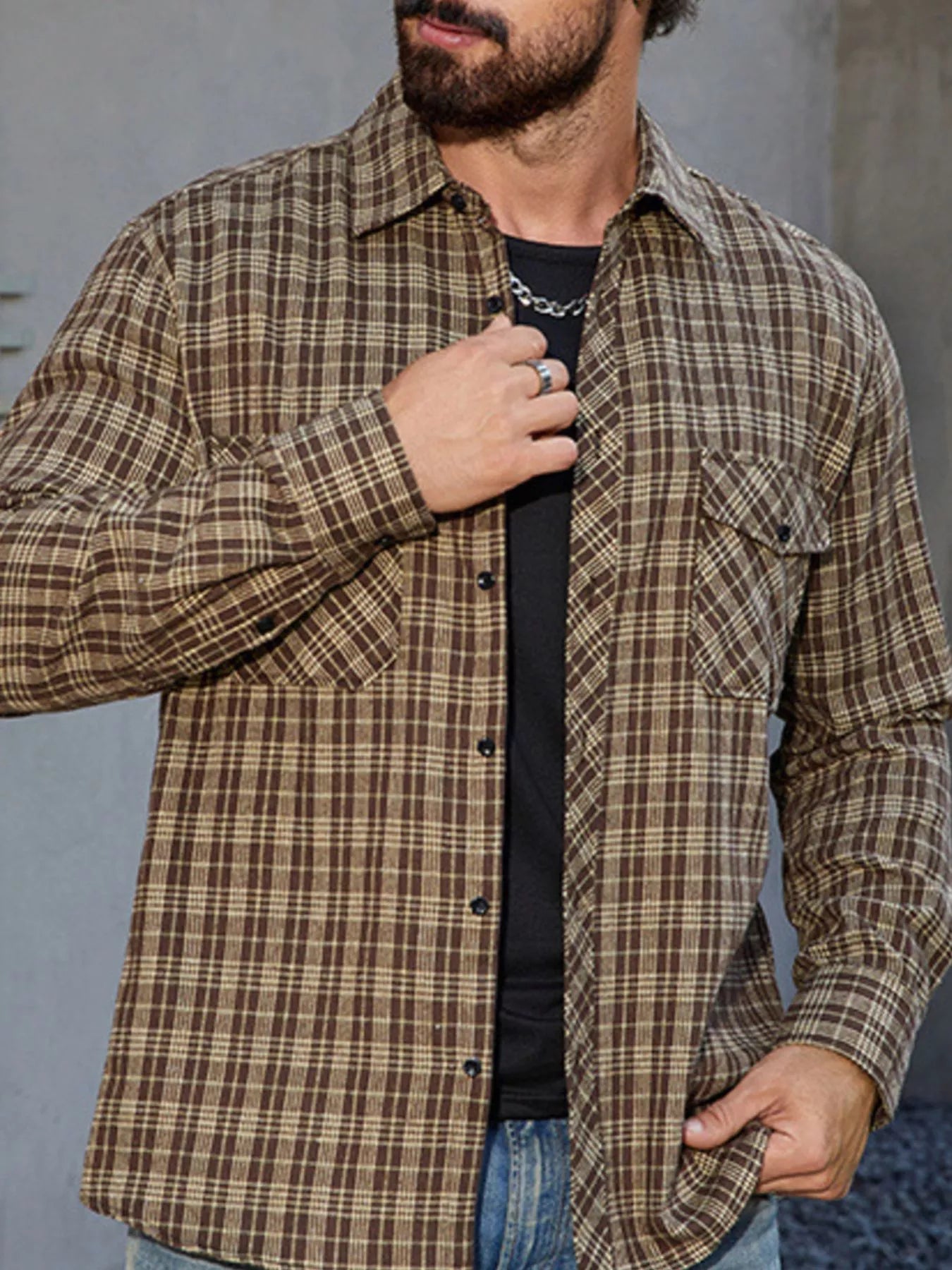 Front view of casual plaid long sleeve shirt with pocket