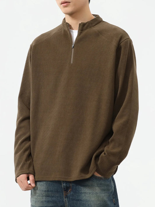 Front view of plus size quarter-zip long sleeve T-shirt
