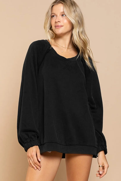 Front view of POL Back Cross Strap Detail Balloon Sleeve Sweatshirt