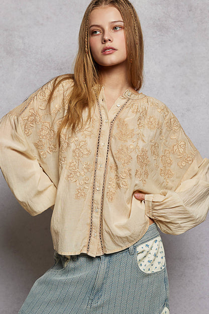 Front view of POL embroidered button-down long sleeve washed shirt