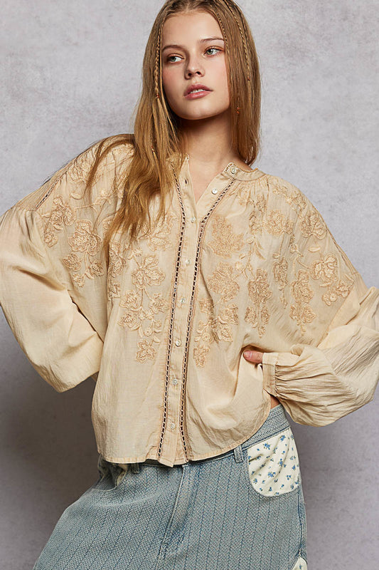 Front view of POL embroidered button-down long sleeve washed shirt