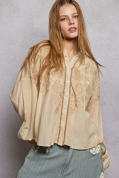 Back view of POL embroidered button-down long sleeve shirt