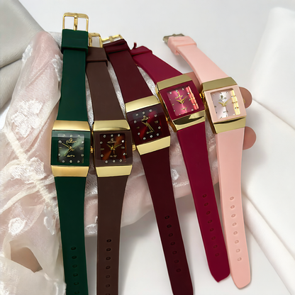 Model wearing the square watch