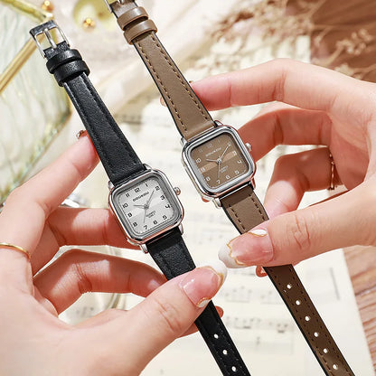 Model wearing the square watch with a luminous steel strip band styled for a refined evening event