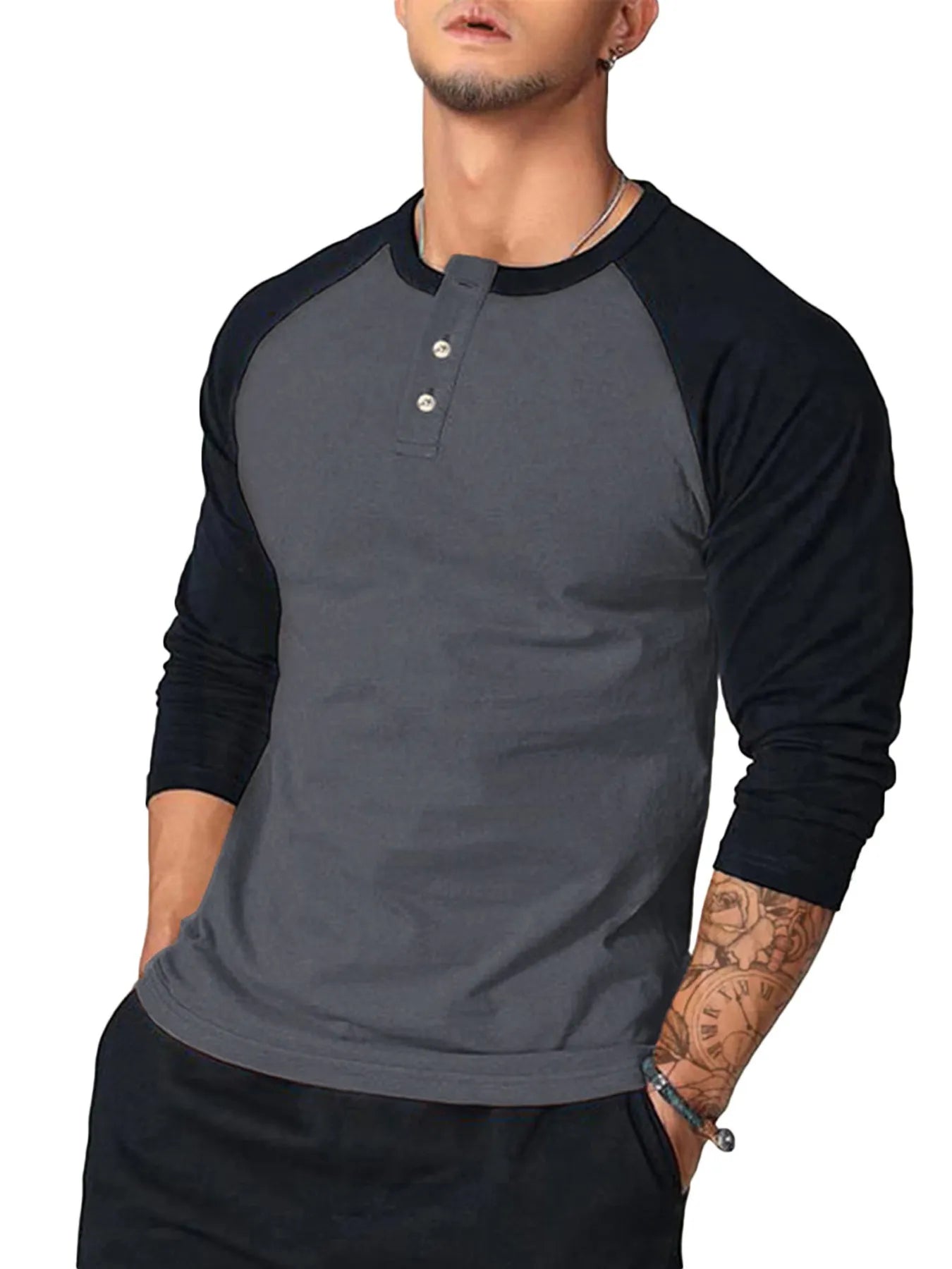Front view of raglan contrast stitch button round neck T-shirt