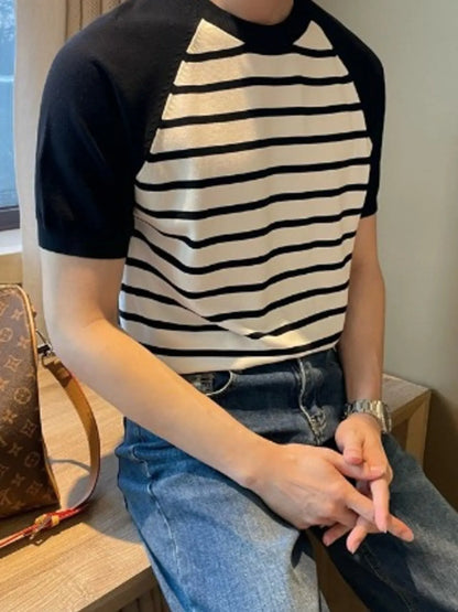 Front view of striped raglan sleeve T-shirt