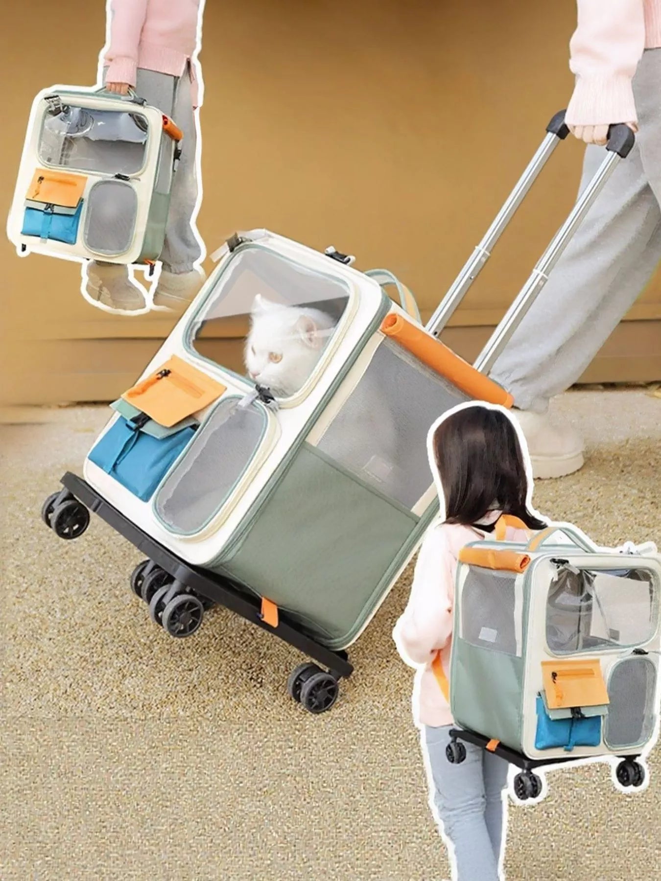 Close-up of wheels and telescopic handle on pet carrier
