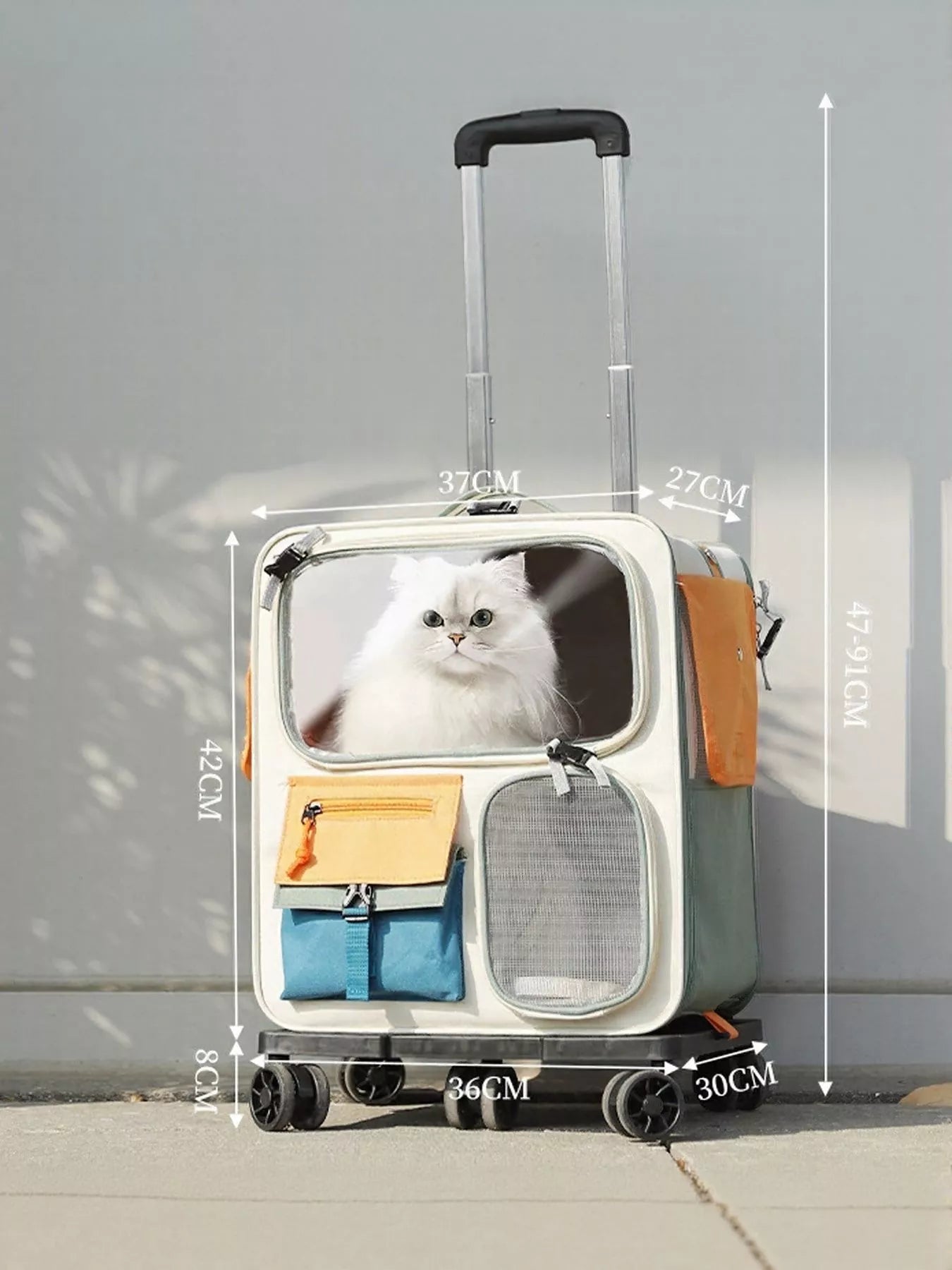 Front view of rolling pet carrier with telescopic handle