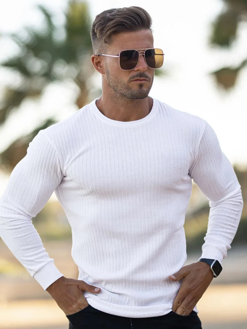 Close-up of fabric texture on round neck long sleeve T-shirt
