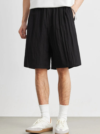 Front view of ruched drawstring lightweight pocket shorts