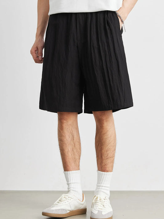 Front view of ruched drawstring lightweight pocket shorts