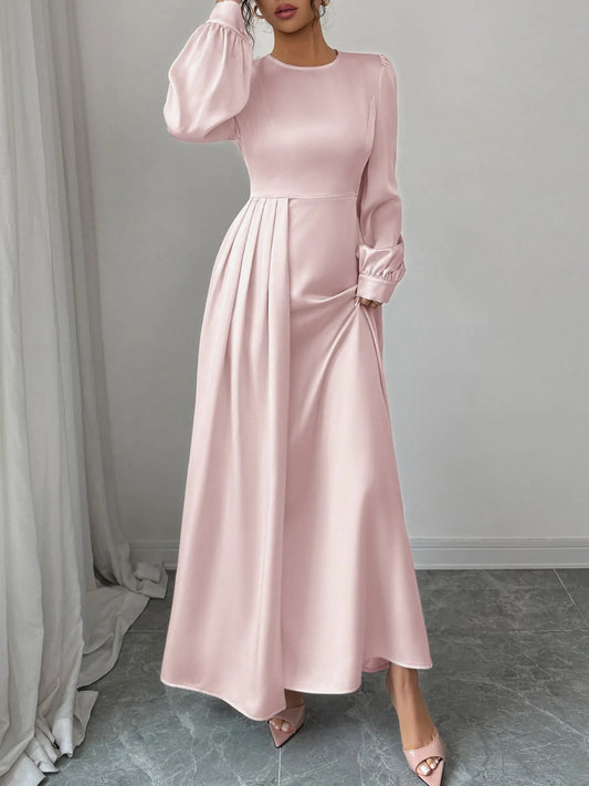Front view of satin long sleeve maxi dress with slit