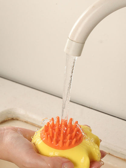Close-up of soft bristles on pet shower brush