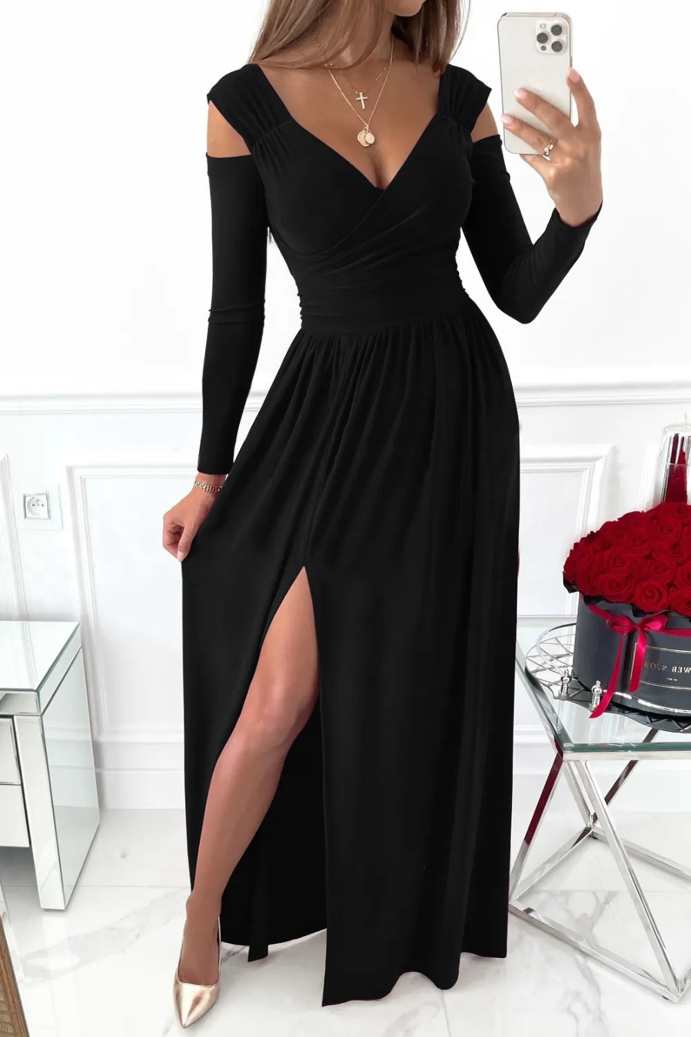 Front view of Slit Surplice Long Sleeve Maxi Dress