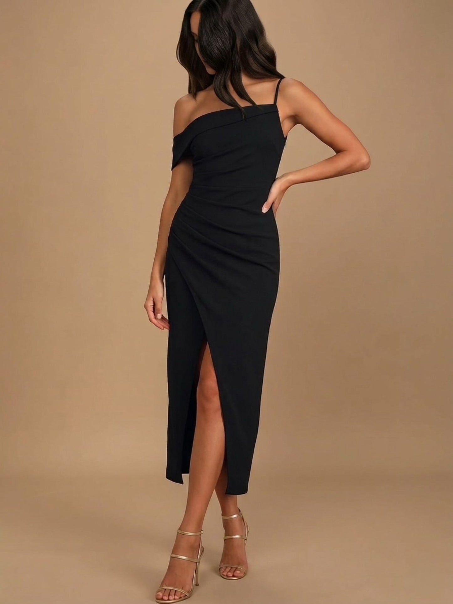 Close-up of asymmetrical neckline and front slit on Midi Dress