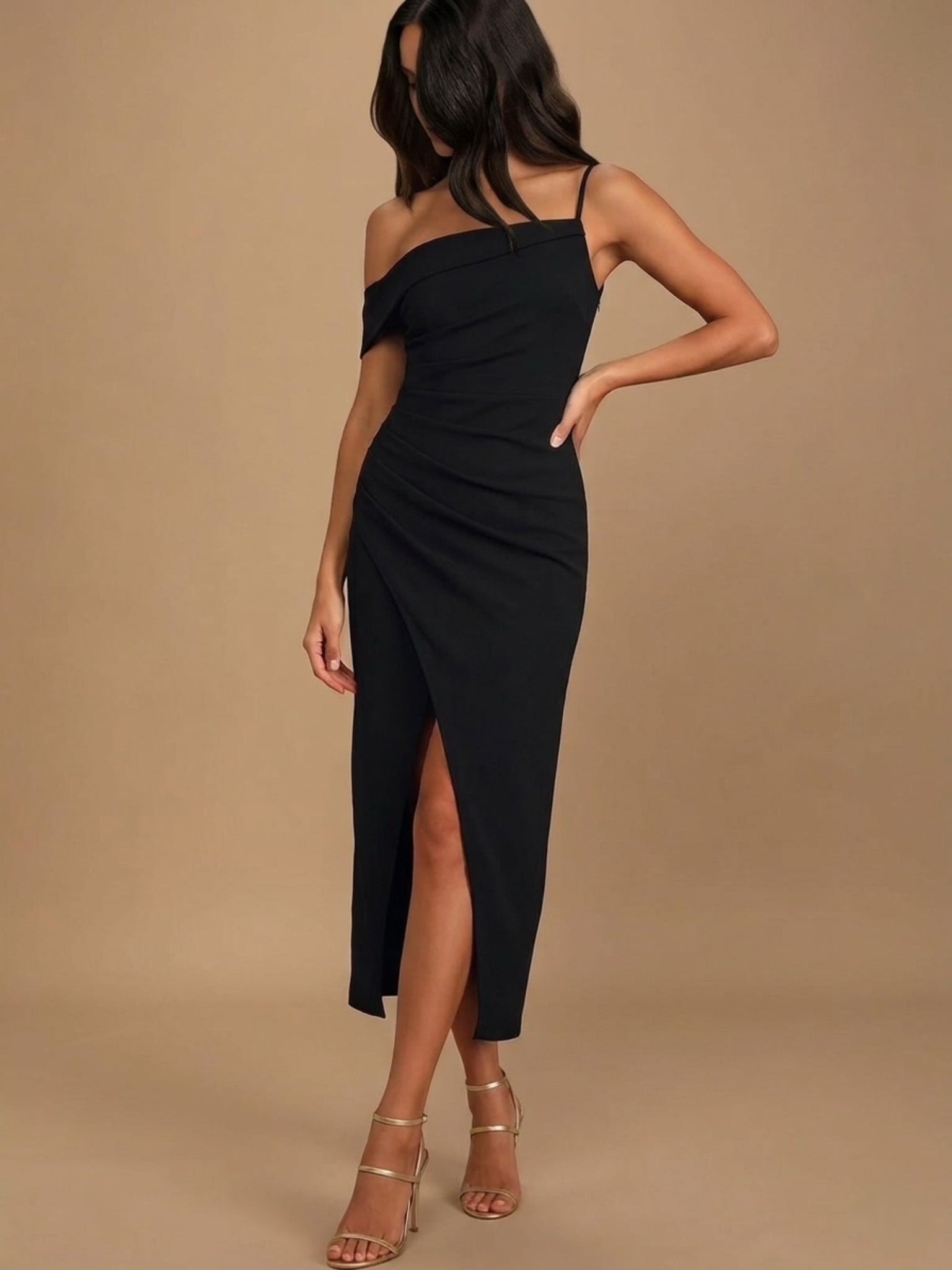 Close-up of asymmetrical neckline and front slit on Midi Dress