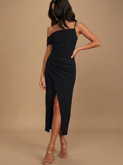 Close-up of asymmetrical neckline and front slit on Midi Dress